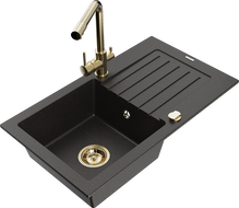 Mexen Pablo granite kitchen sink 1-bowl with drainer and Duero kitchen faucet, black/golden metallic - 6510-75-671600-50