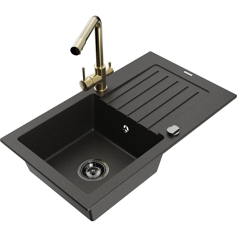 Mexen Pablo 1-Bowl Granite Sink with Drainer and Duero Kitchen Faucet, Black/Gold Metallic - 6510-75-671600-50-B