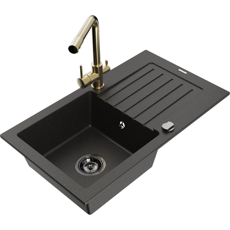 Mexen Pablo 1-Bowl Granite Sink with Drainer and Duero Kitchen Faucet, Black/Gold Metallic - 6510-75-671600-50-B