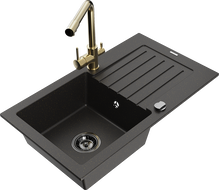 Mexen Pablo granite single-bowl sink with drainer and Duero kitchen faucet, black/gold metallic - 6510-75-671600-50-B