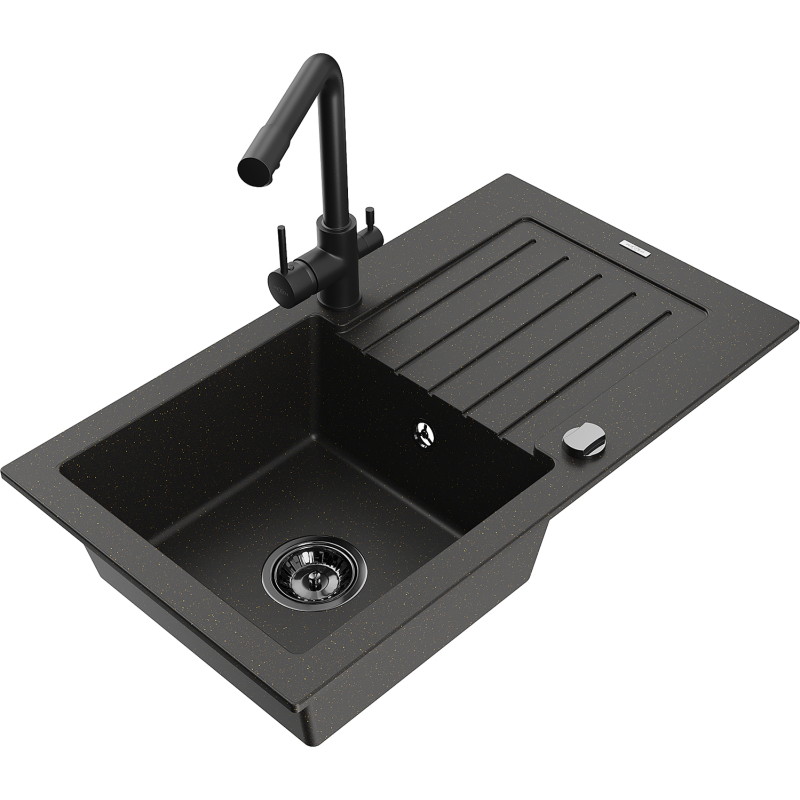 Mexen Pablo 1-Bowl Granite Sink with Drainer and Kitchen Faucet Duero, Black/Gold Metallic - 6510-75-671600-70-B