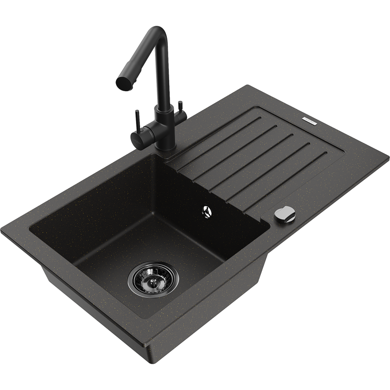 Mexen Pablo granite sink 1-bowl with drainer and Duero kitchen tap, black/gold metallic - 6510-75-671600-70-B