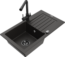 Mexen Pablo granite sink 1-bowl with drainer and Duero kitchen tap, black/gold metallic - 6510-75-671600-70-B