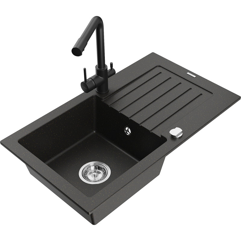 Mexen Pablo granite kitchen sink 1-bowl with drainer and Duero kitchen faucet, black/gold metallic - 6510-75-671600-70