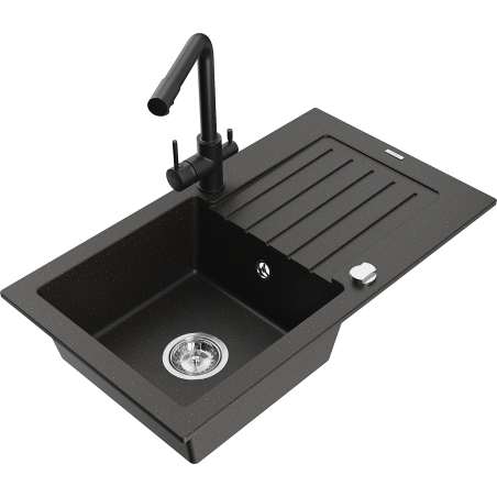 Mexen Pablo 1-bowl granite sink with drainer and Duero kitchen faucet, black/gold metallic - 6510-75-671600-70