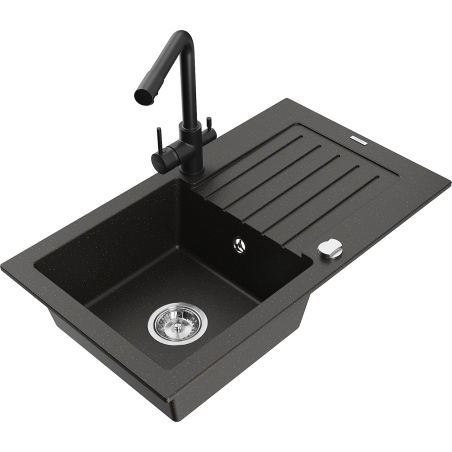 Mexen Pablo granite kitchen sink 1-bowl with drainer and Duero kitchen faucet, black/gold metallic - 6510-75-671600-70