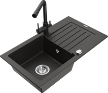 Mexen Pablo 1-bowl granite sink with drainer and Duero kitchen faucet, black/gold metallic - 6510-75-671600-70