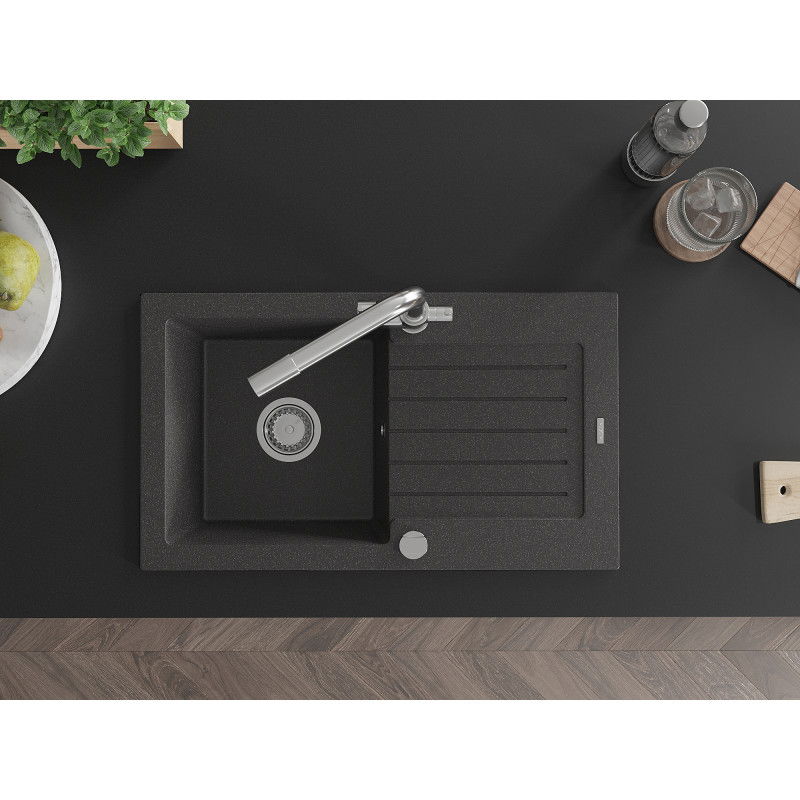 Mexen Pablo granite kitchen sink 1-bowl with drainer and Duero kitchen tap, speckled black - 6510-76-671600-00