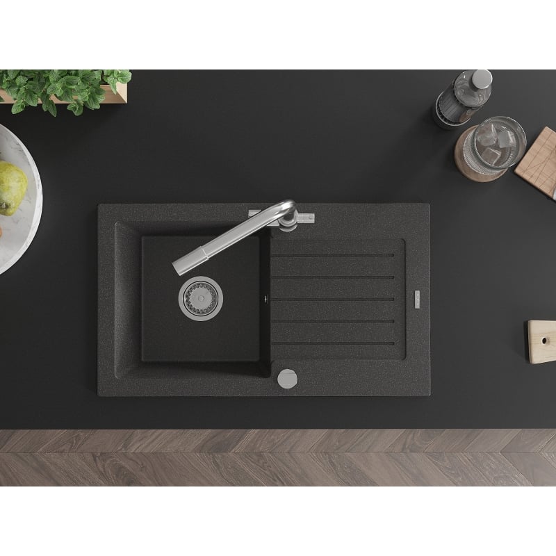 Mexen Pablo granite sink 1-bowl with drainer and kitchen faucet Duero, black speckled - 6510-76-671600-00