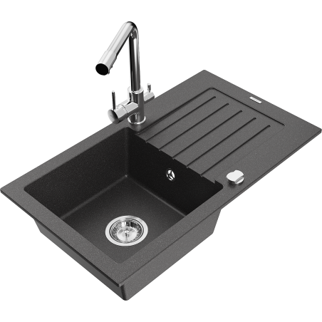 Mexen Pablo 1-compartment granite sink with a drip tray and kitchen mixer tap Duero, spotted black - 6510-76-671600-00