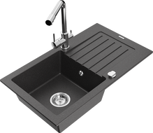 Mexen Pablo granite sink 1-bowl with drainer and kitchen faucet Duero, black speckled - 6510-76-671600-00