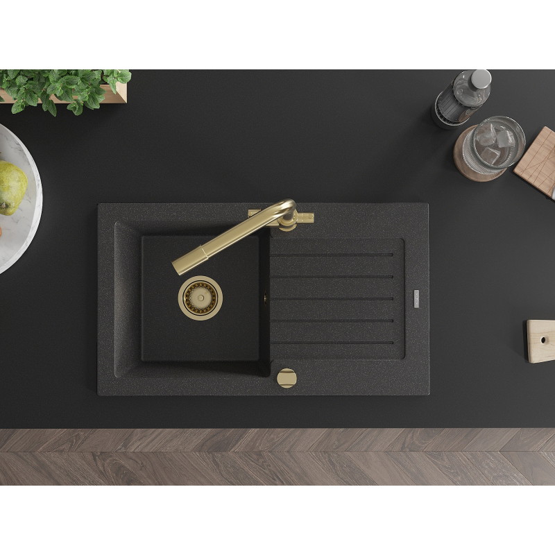 Mexen Pablo 1-bowl granite sink with drainer and kitchen faucet Duero, speckled black - 6510-76-671600-50