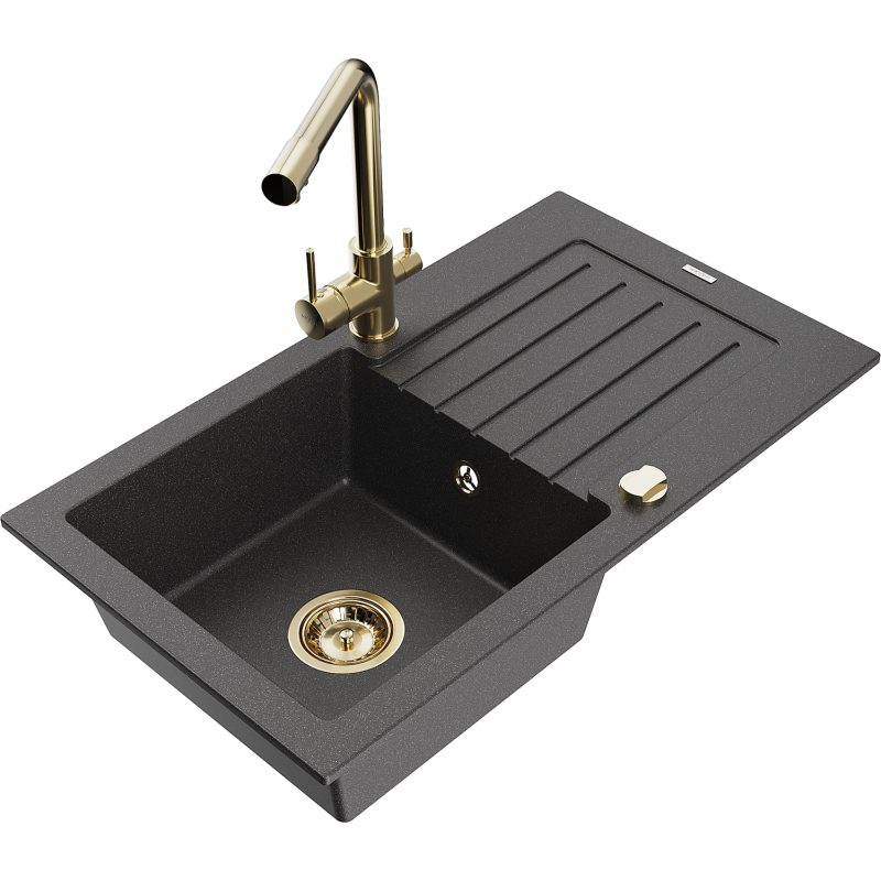 Mexen Pablo 1-bowl granite sink with drainer and Duero kitchen tap, black speckled - 6510-76-671600-50