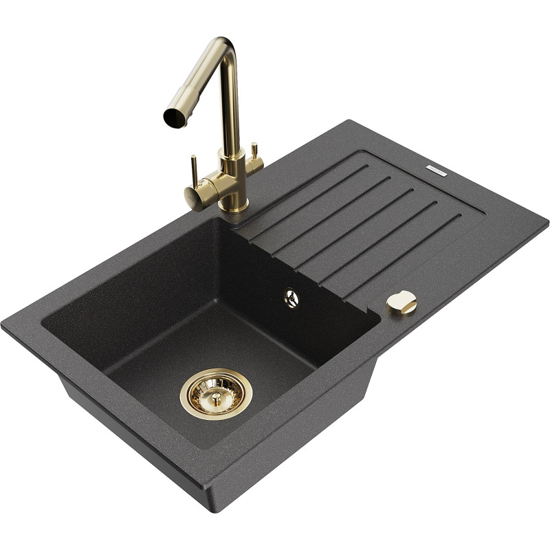 Mexen Pablo granit sink single-bowl with drainer and kitchen faucet Duero, black speckled - 6510-76-671600-50