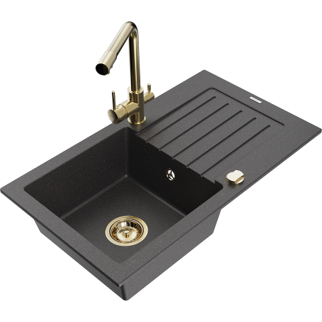Mexen Pablo 1-bowl granite sink with drainer and Duero kitchen tap, black speckled - 6510-76-671600-50
