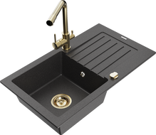 Mexen Pablo 1-bowl granite sink with drainer and Duero kitchen tap, black speckled - 6510-76-671600-50