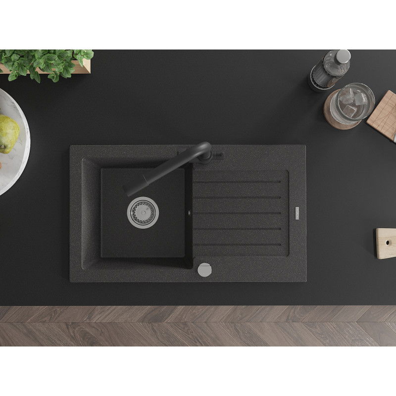 Mexen Pablo 1-bowl granite sink with drainer and Duero kitchen tap, black speckled - 6510-76-671600-70