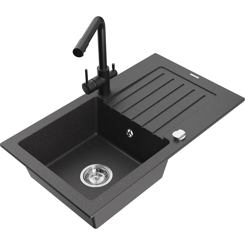 Mexen Pablo 1-bowl granite sink with drainer and Duero kitchen tap, black speckled - 6510-76-671600-70