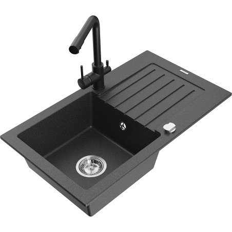 Mexen Pablo granitic single-bowl sink with drainer and Duero kitchen faucet, speckled black - 6510-76-671600-70