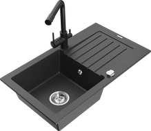 Mexen Pablo granite kitchen sink 1-bowl with drainer and kitchen faucet Duero, black speckled - 6510-76-671600-70
