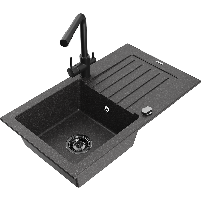 Mexen Pablo granite sink 1-bowl with drainer and Duero kitchen tap, black speckled - 6510-76-671600-70-B