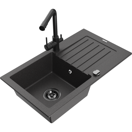 Mexen Pablo granite sink 1-bowl with drainer and Duero kitchen tap, black speckled - 6510-76-671600-70-B