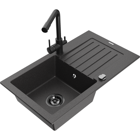Mexen Pablo single-bowl granite sink with drainer and Duero kitchen faucet, black speckled - 6510-76-671600-70-B