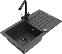 Mexen Pablo single-bowl granite sink with drainer and kitchen faucet Duero, speckled black - 6510-76-671600-70-B