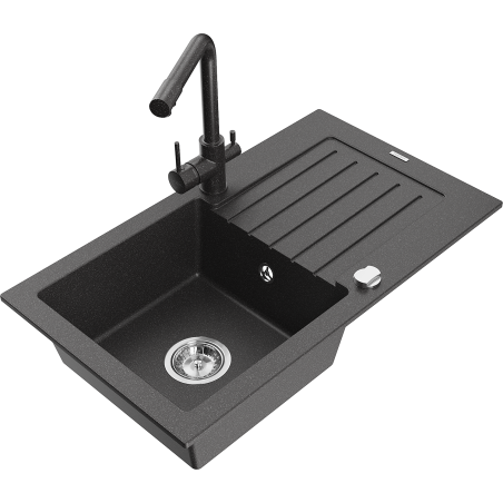 Mexen Pablo 1-bowl granite sink with drainer and Duero kitchen faucet, speckled black - 6510-76-671600-76