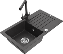 Mexen Pablo granite kitchen sink 1-bowl with drainer and Duero kitchen faucet, black speckled - 6510-76-671600-76