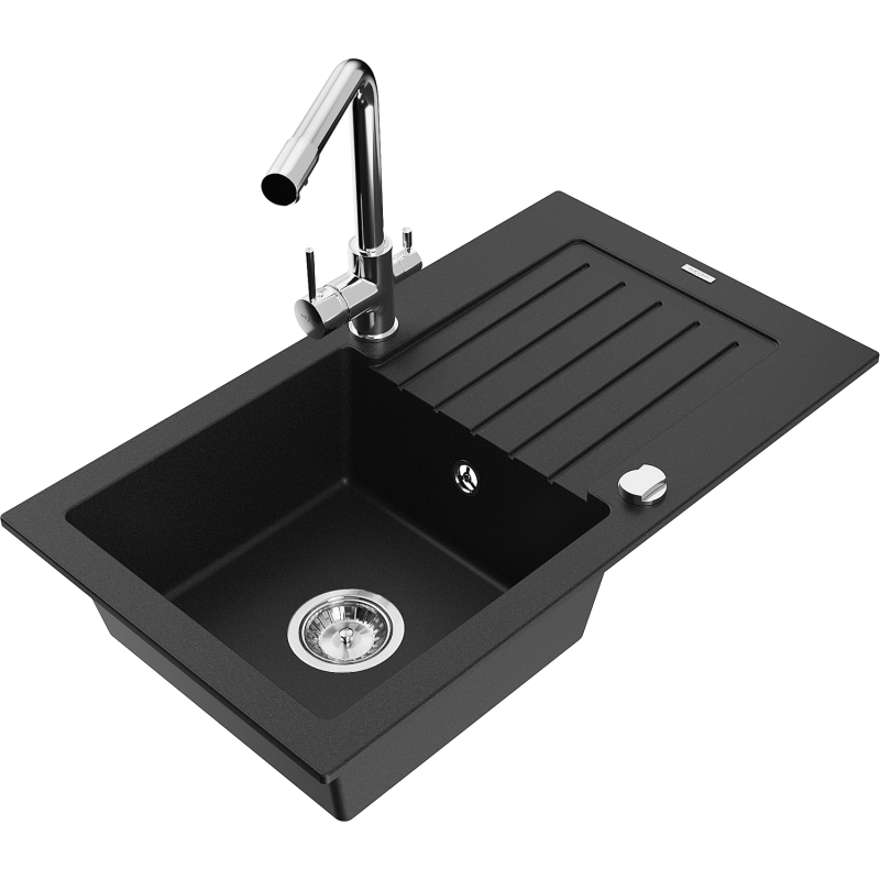 Mexen Pablo granite sink 1-bowl with drainer and Duero kitchen tap, black - 6510-77-671600-00
