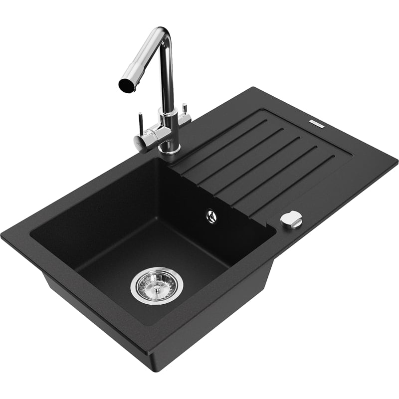 Mexen Pablo granite sink 1-chamber with drainer and kitchen faucet Duero, black - 6510-77-671600-00