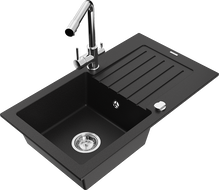 Mexen Pablo granite sink 1-bowl with drainer and Duero kitchen faucet, black - 6510-77-671600-00