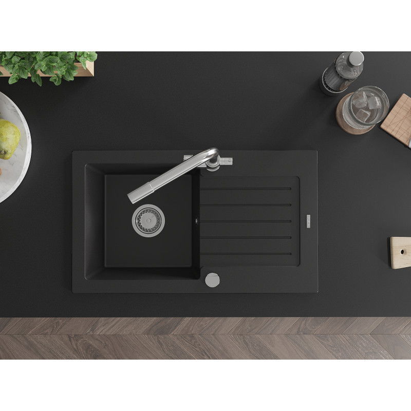 Mexen Pablo granite sink 1-bowl with drainer and Duero kitchen tap, black - 6510-77-671600-00