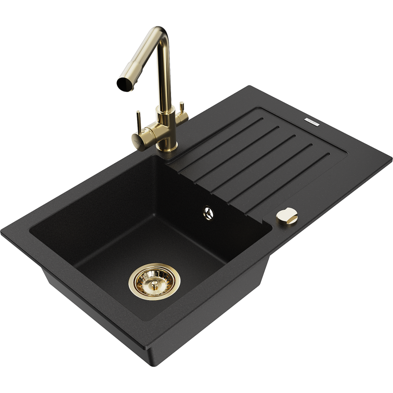 Mexen Pablo granite kitchen sink 1-bowl with drainer and Duero kitchen tap, black - 6510-77-671600-50