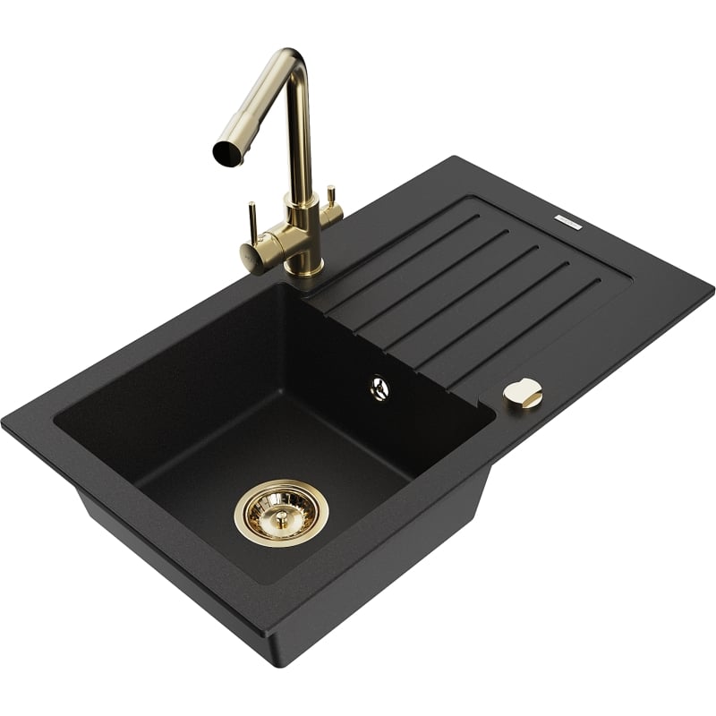 Mexen Pablo granite sink with 1 bowl with drainer and kitchen faucet Duero, black - 6510-77-671600-50