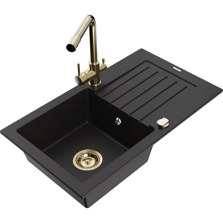 Mexen Pablo 1-bowl granite sink with drainer and Duero kitchen faucet, black - 6510-77-671600-50