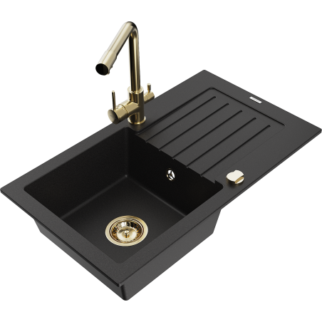 Mexen Pablo granite sink with 1 bowl with drainer and kitchen faucet Duero, black - 6510-77-671600-50
