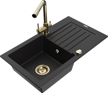 Mexen Pablo 1-bowl granite sink with drainer and Duero kitchen faucet, black - 6510-77-671600-50
