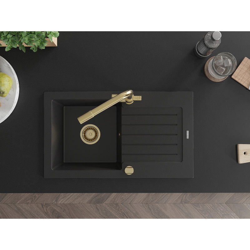 Mexen Pablo granite kitchen sink 1-bowl with drainer and Duero kitchen tap, black - 6510-77-671600-50