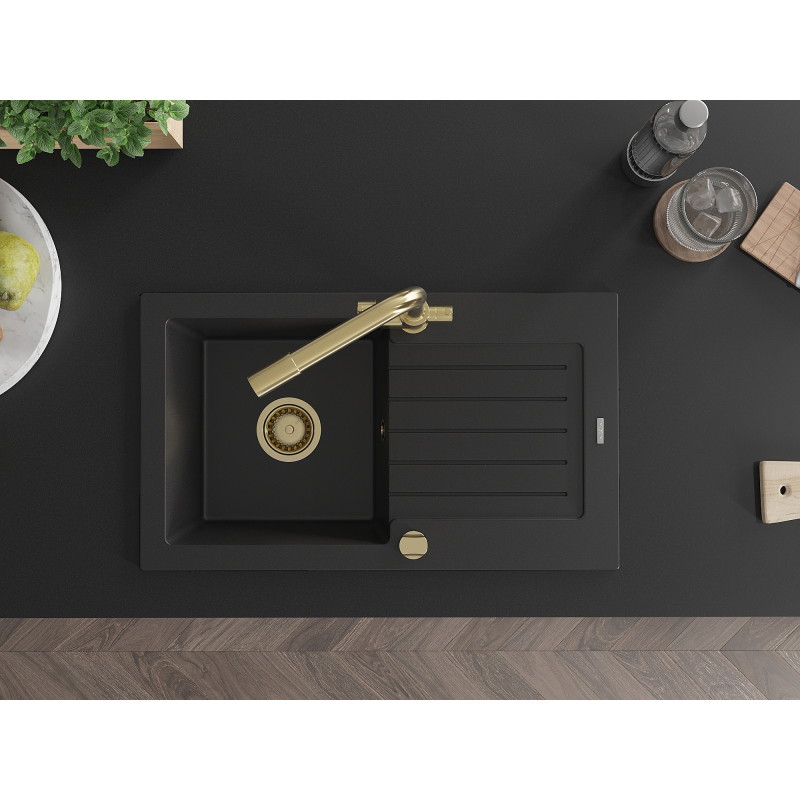 Mexen Pablo granite sink with 1 bowl with drainer and kitchen faucet Duero, black - 6510-77-671600-50