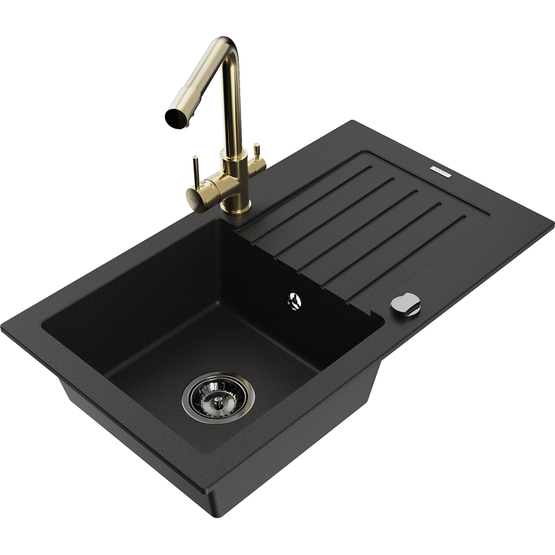 Mexen Pablo 1-bowl granite sink with drainer and Duero kitchen tap, black - 6510-77-671600-50-B