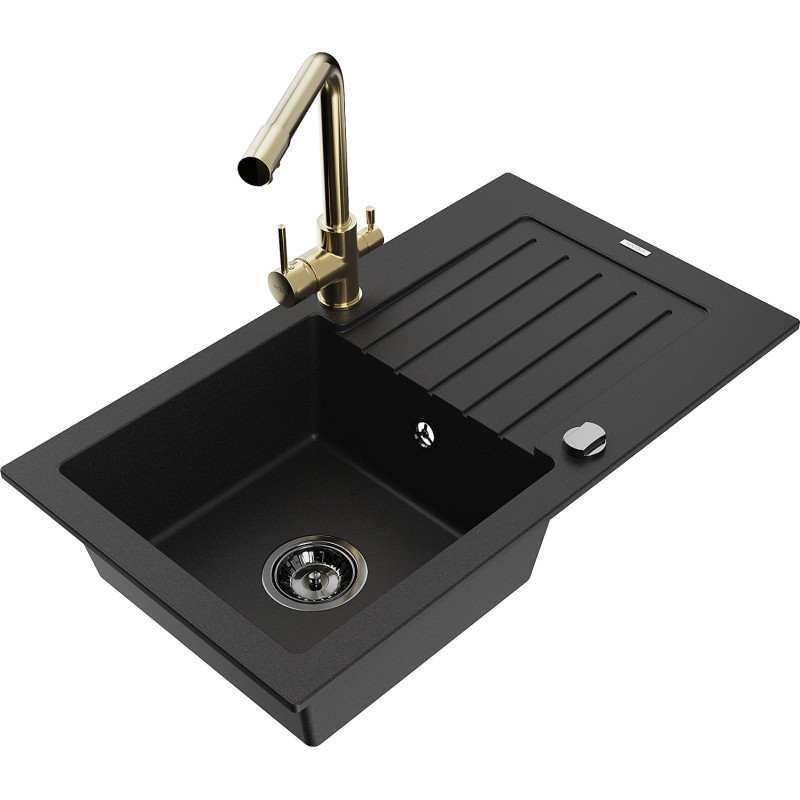 Mexen Pablo single-bowl granite sink with drainer and Duero kitchen faucet, black - 6510-77-671600-50-B