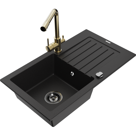 Mexen Pablo granite kitchen sink 1-bowl with drainer and Duero kitchen faucet, black - 6510-77-671600-50-B