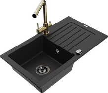 Mexen Pablo 1-bowl granite sink with drainer and Duero kitchen tap, black - 6510-77-671600-50-B