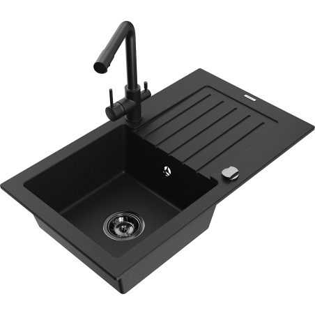 Mexen Pablo single-bowl granite sink with drainer and Duero kitchen faucet, black - 6510-77-671600-70-B