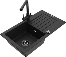 Mexen Pablo single-bowl granite sink with drainer and Duero kitchen faucet, black - 6510-77-671600-70-B