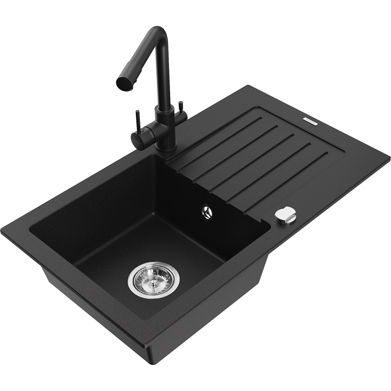 Mexen Pablo 1-compartment granite sink with a drip tray and kitchen mixer tap Duero, Black - 6510-77-671600-70