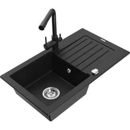 Mexen Pablo granite kitchen sink 1-bowl with drainer and kitchen faucet Duero, black - 6510-77-671600-70