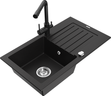 Mexen Pablo granite sink, 1-bowl with drainer and Duero kitchen tap, black - 6510-77-671600-70